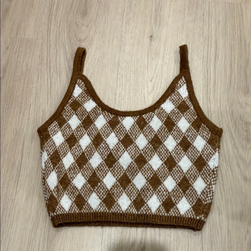 Zara small Brown and White Checkered Women's Top - Picture 6 of 6